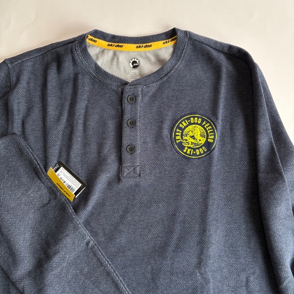 Ski-Doo Men's Large Blue Waffle Knit Thermal Henley LS That Ski-Doo Feeling NEW - Picture 1 of 9